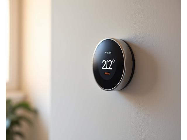 Sleek smart thermostat displaying optimal temperature and energy savings graph